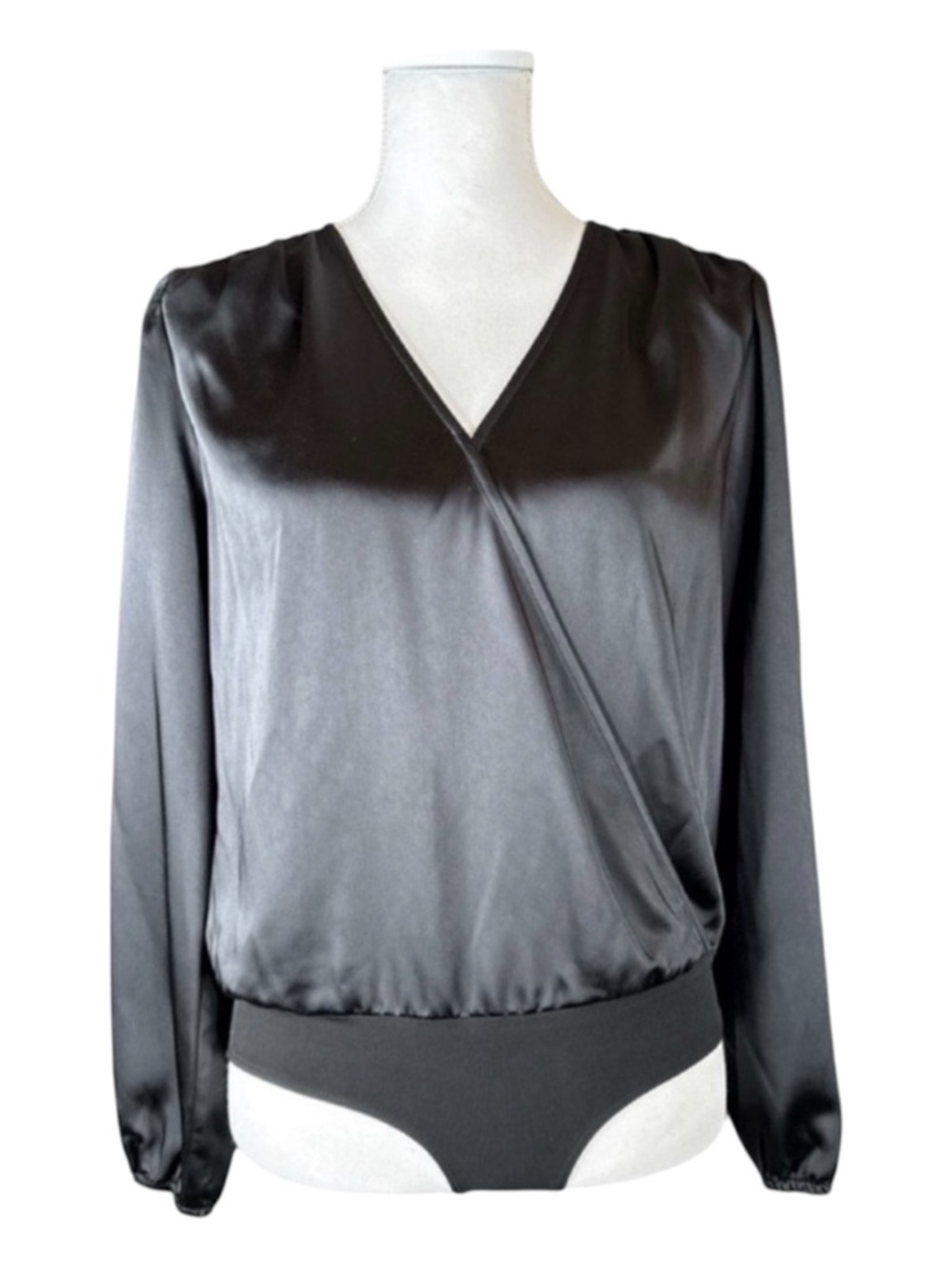 ON 34TH Satiny Long Sleeve Bodysuit, Wrap Front w/Hook & Eye Closure, Size XS.